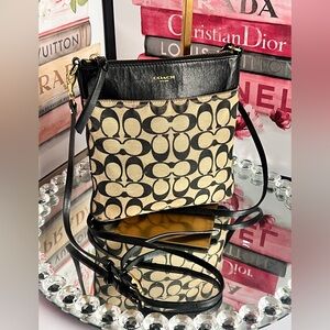 Coach Signature Black and Tan canvas and leather Crossbody Bag